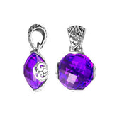 Handmade sterling silver pendant with faceted Amethyst Quartz and Balinese floral detailing, artisan crafted in Bali.